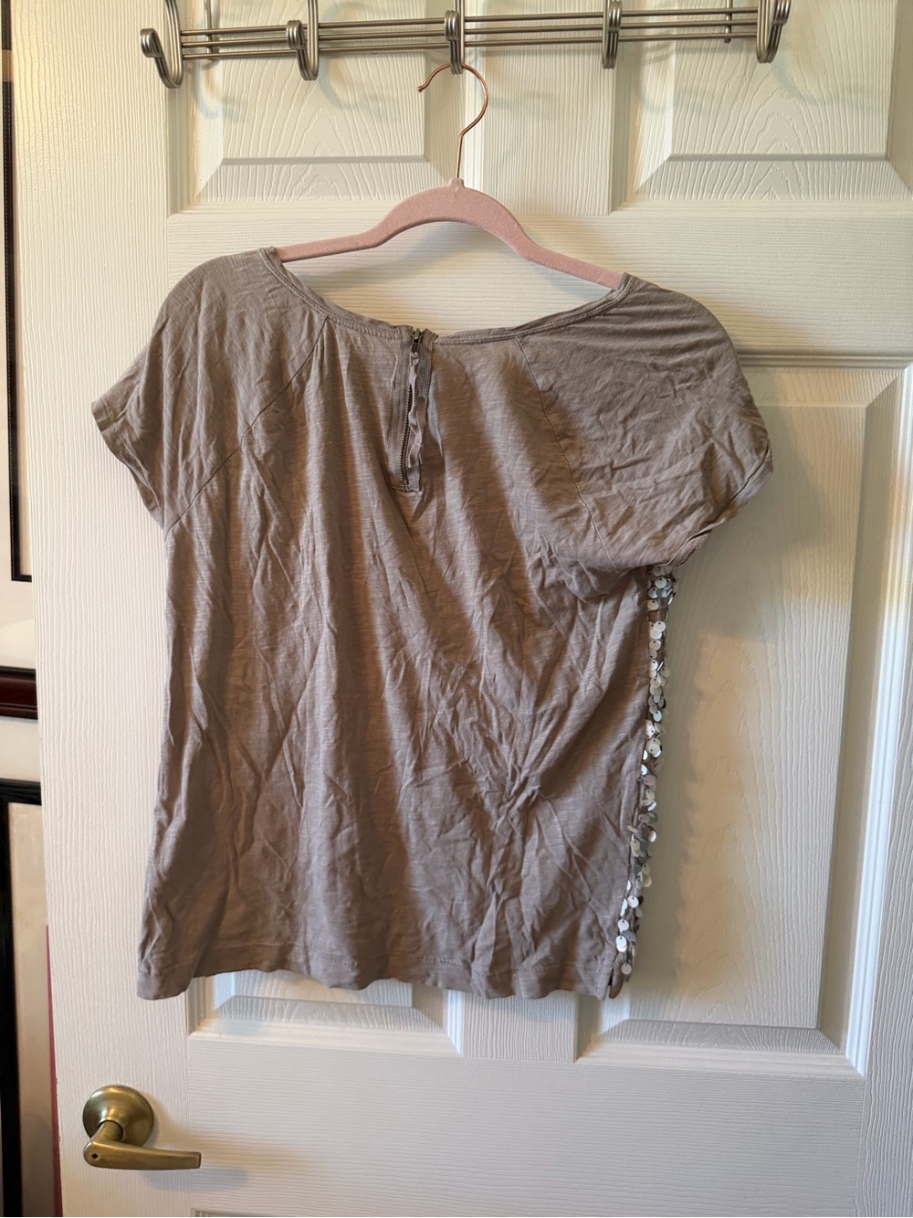 LOFT Taupe Short Sleeve Top with Sequin Side Trim